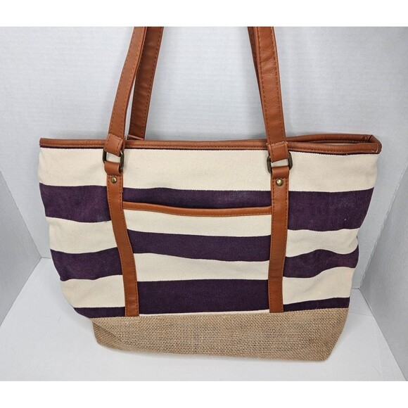 Younique Striped Purple Canvas + Burlap Purse Beach Tote - Picture 2 of 6